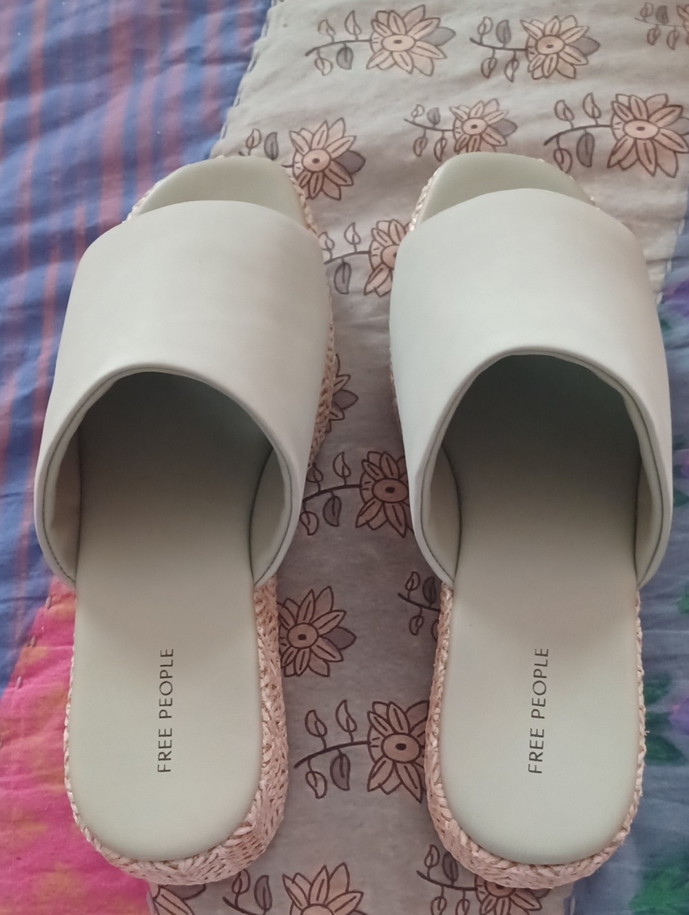 Free People Cream Slide Mules with Woven Platform